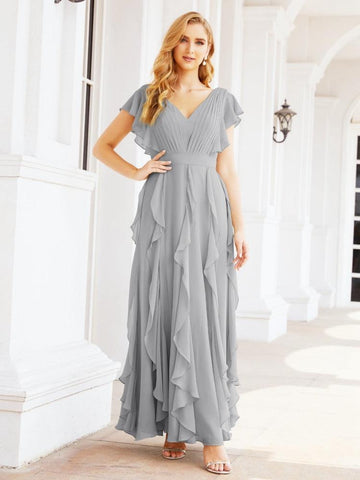 Ruffled Bridesmaid Dresses with Sleeves Long Formal Party Dress 28041-numbersea