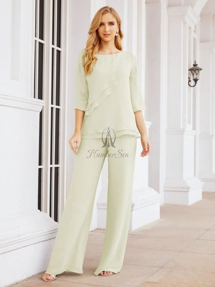 Numbersea Elegant 2 Piece Mother of The Bride Dress Plus Size Pant Suits Ruffle Layers Sliver Housecoat 28064