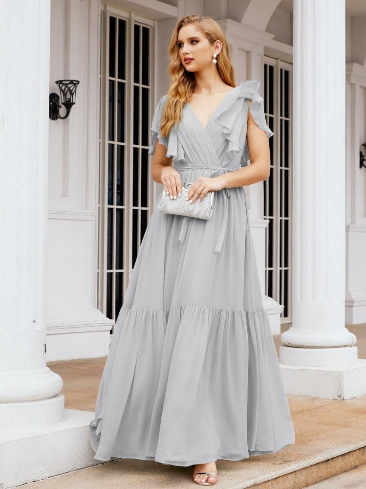 Numbersea Women's Open Back Formal Evening Party Prom Gowns V-Neck Long Chiffon Bridesmaid Dresses with Waist Belt 28038-numbersea