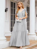 Numbersea Women's Open Back Formal Evening Party Prom Gowns V-Neck Long Chiffon Bridesmaid Dresses with Waist Belt 28038-numbersea