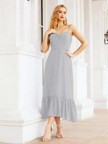 Numbersea Women Strap Chiffon Bridesmaid Dress Ankle Length Sleeveless Blackless Ruffle A Line