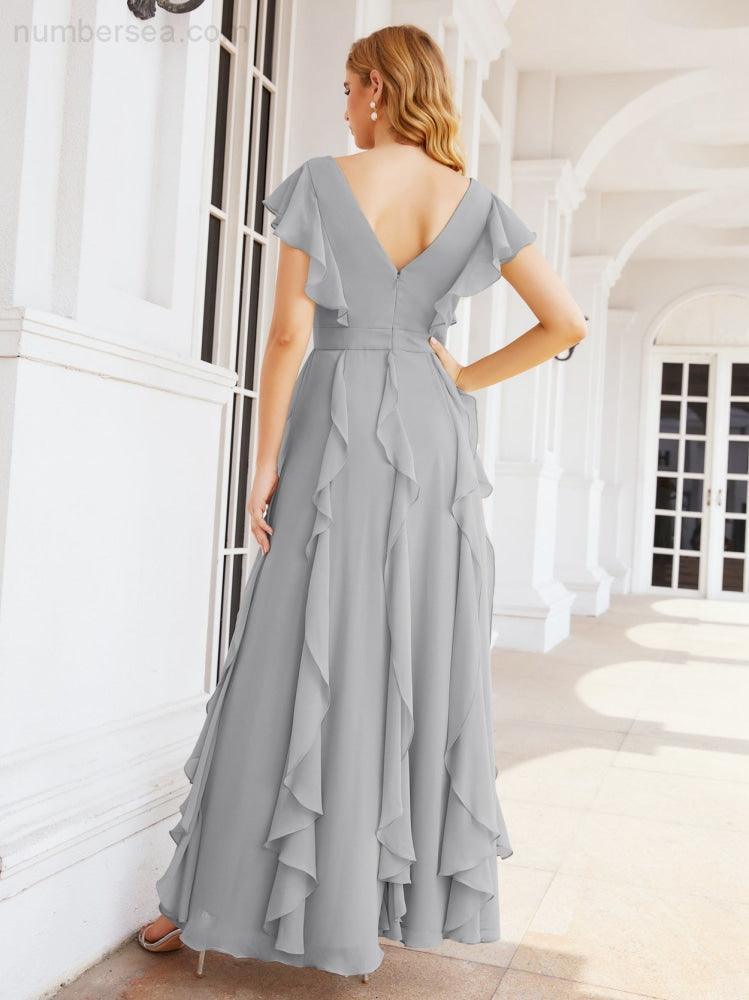 Ruffled Bridesmaid Dresses with Sleeves Long Formal Party Dress 28041-numbersea