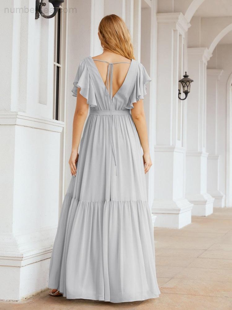 Numbersea Women's Open Back Formal Evening Party Prom Gowns V-Neck Long Chiffon Bridesmaid Dresses with Waist Belt 28038-numbersea