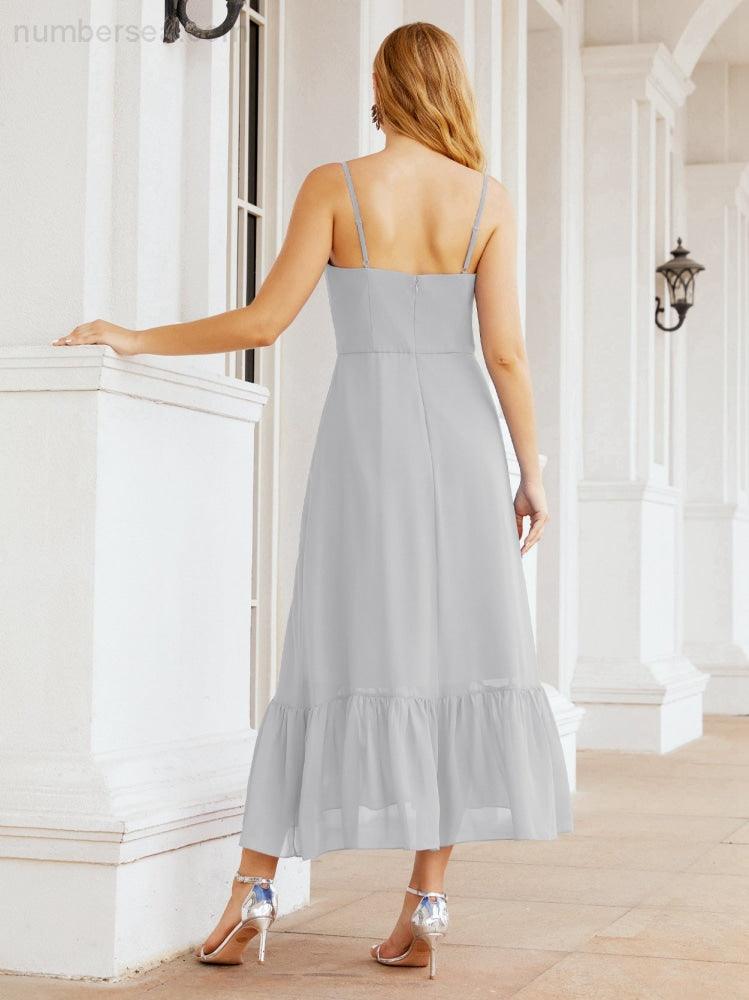 Numbersea Women Strap Chiffon Bridesmaid Dress Ankle Length Sleeveless Blackless Ruffle A Line