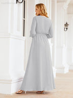 Numbersea Women's Chiffon Bridesmaid Dress A line Long Sleeves Formal Evening Prom Gown for Wedding Guest 28032-numbersea