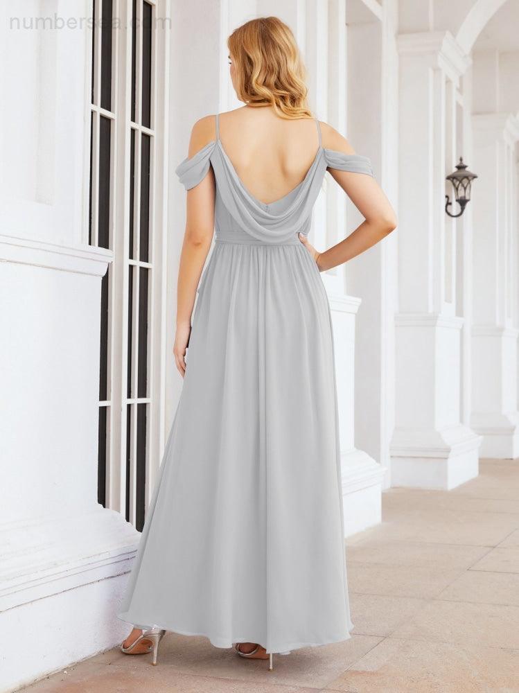 Numbersea Off The Shoulder Chiffon Bridesmaid Dress Long Formal Graduation Gown with Cowl Back 28069-numbersea