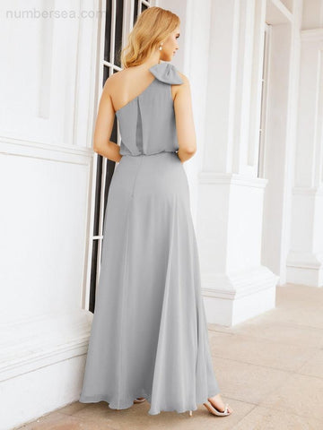 Numbersea Chiffon Ruffled One Shoulder Sleeveless Long Bride Dresses A-line Formal Evening Gown Side Split 28057-numbersea