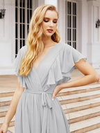 Numbersea Women's Open Back Formal Evening Party Prom Gowns V-Neck Long Chiffon Bridesmaid Dresses with Waist Belt 28038-numbersea