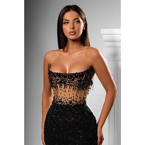 Sheath Strapless Beads Long Black Prom Forma Dress