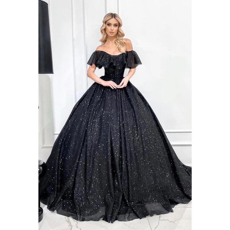 Vestido de fiesta negro brillante con hombros descubiertos único 