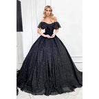 Vestido de fiesta negro brillante con hombros descubiertos único 