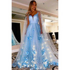 Vestido de fiesta largo con escote en V pronunciado y apliques 3D brillantes 