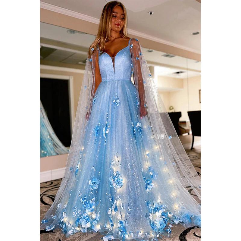 Vestido de fiesta largo con escote en V pronunciado y apliques 3D brillantes 