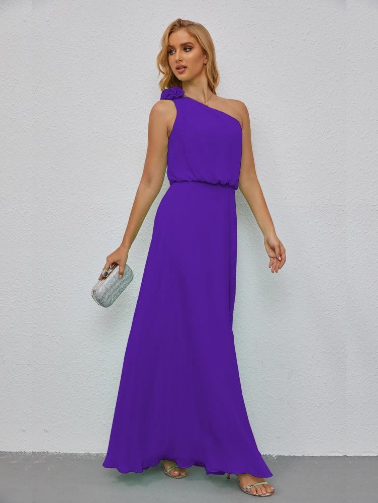 Ruffled One Shoulder Sleeveless Long Bridesmaid Dresses A-line Formal Evening Gown Side Split 28080-numbersea