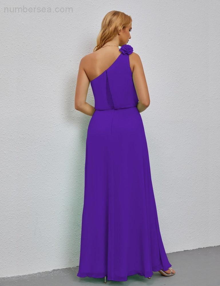 Ruffled One Shoulder Sleeveless Long Bridesmaid Dresses A-line Formal Evening Gown Side Split 28080-numbersea