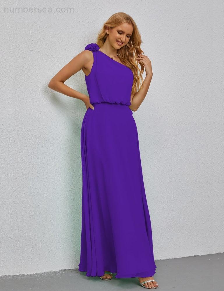 Ruffled One Shoulder Sleeveless Long Bridesmaid Dresses A-line Formal Evening Gown Side Split 28080-numbersea