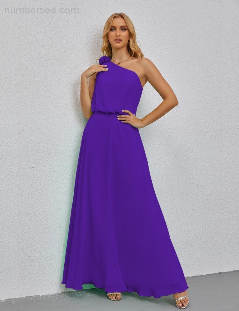 Ruffled One Shoulder Sleeveless Long Bridesmaid Dresses A-line Formal Evening Gown Side Split 28080-numbersea
