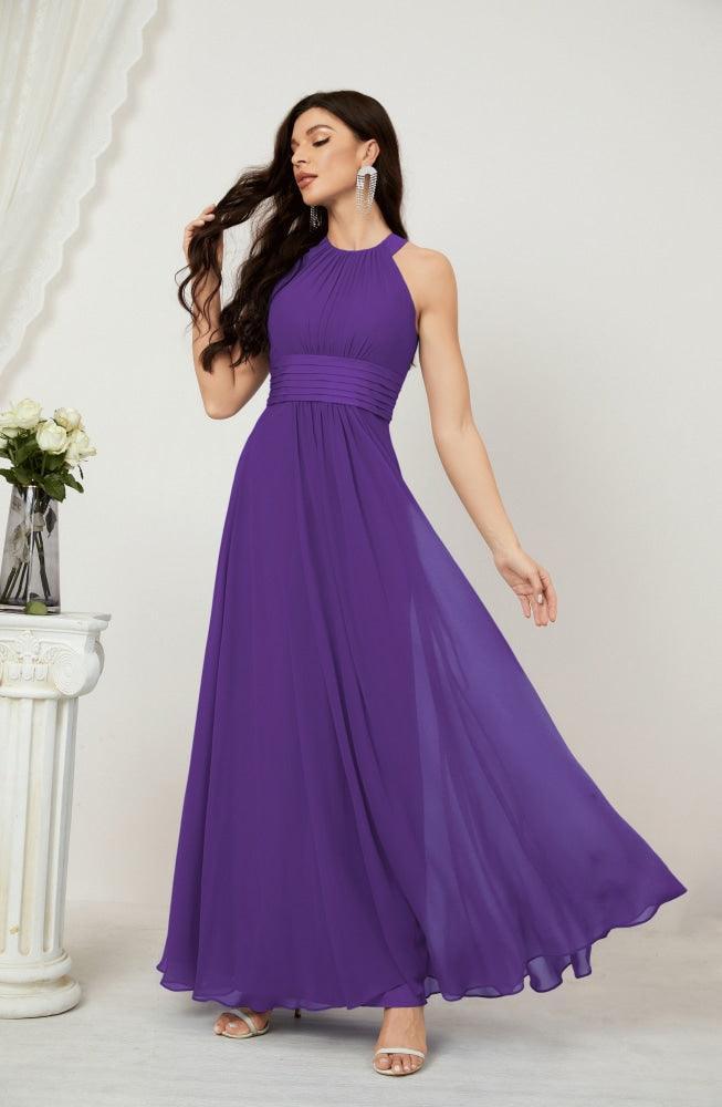 Numbersea Formal Party Gown Dress Chiffon Halter Long Sleeveless Bridesmaid Dresses 2802 Indigo
