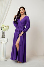 Numbersea Evening Dresses Deep V-Neck Chiffon Bridesmaid Dresses Long Bishop Sleeve Side Split Formal Dress 2806-numbersea