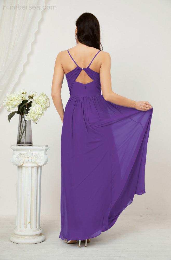 Numbersea Neck Bridesmaid Dresses Chiffon Long Spaghetti A-Line Formal Prom Gown For Wedding Party