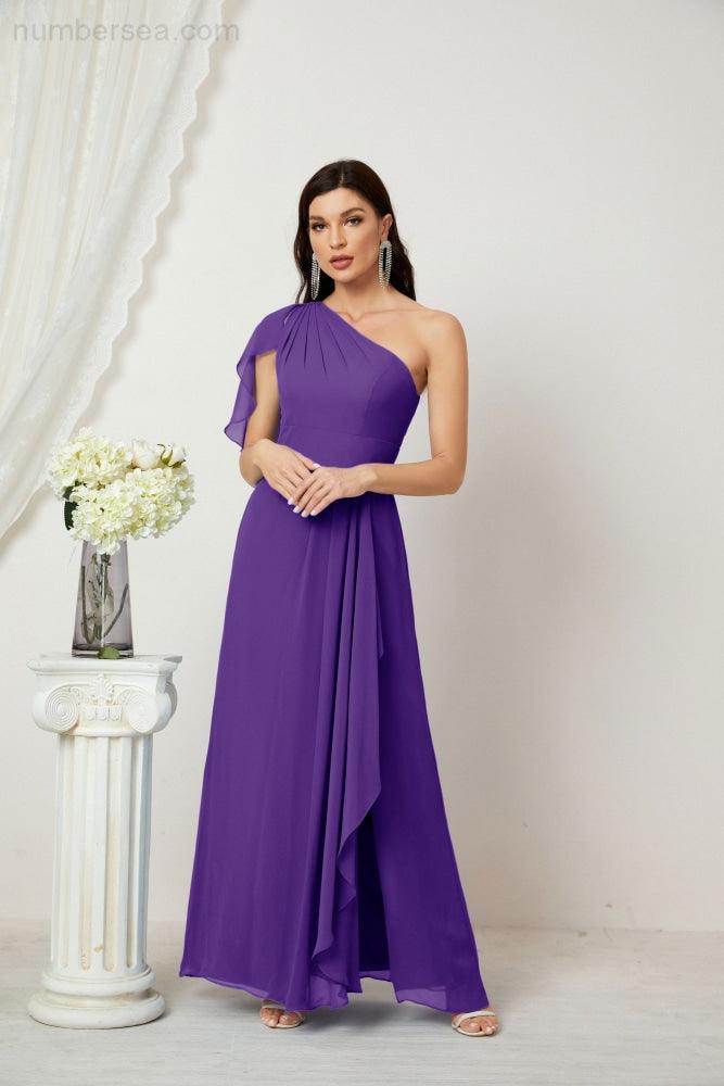 Numbersea Chiffon Ruffled One Shoulder Long Bridesmaid Dresses A-line Formal Evening Gown Side Split 2809-numbersea