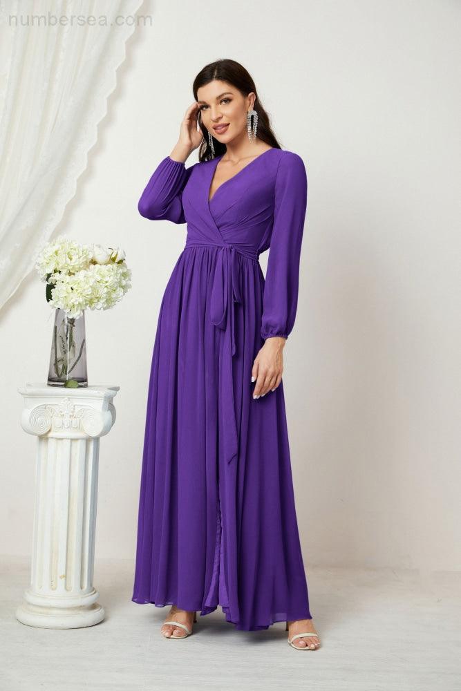 Numbersea Evening Dresses Deep V-Neck Chiffon Bridesmaid Dresses Long Bishop Sleeve Side Split Formal Dress 2806-numbersea
