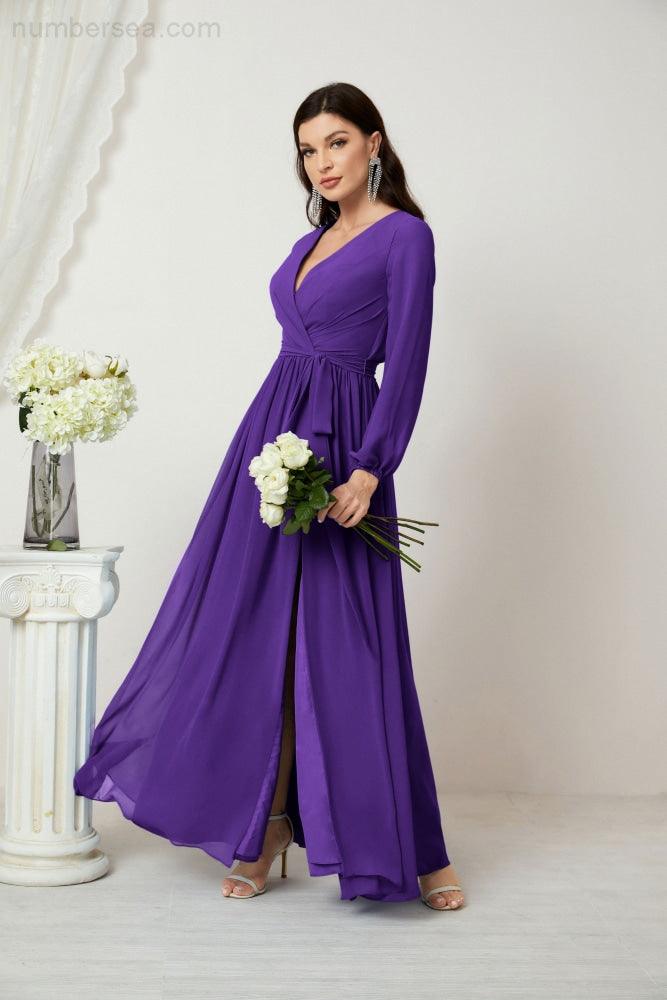 Numbersea Evening Dresses Deep V-Neck Chiffon Bridesmaid Dresses Long Bishop Sleeve Side Split Formal Dress 2806-numbersea