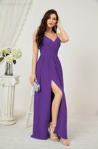 Numbersea Neck Bridesmaid Dresses Chiffon Long Spaghetti A-Line Formal Prom Gown For Wedding Party