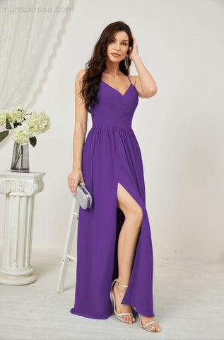 Numbersea Neck Bridesmaid Dresses Chiffon Long Spaghetti A-Line Formal Prom Gown For Wedding Party