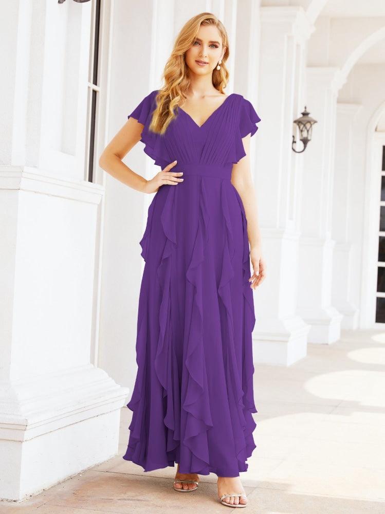 Ruffled Bridesmaid Dresses with Sleeves Long Formal Party Dress 28041-numbersea