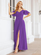 Numbersea Cold Shoulder Long Bridesmaid Dresses Side Slit Formal Prom Gowns Party Wedding 28070-numbersea