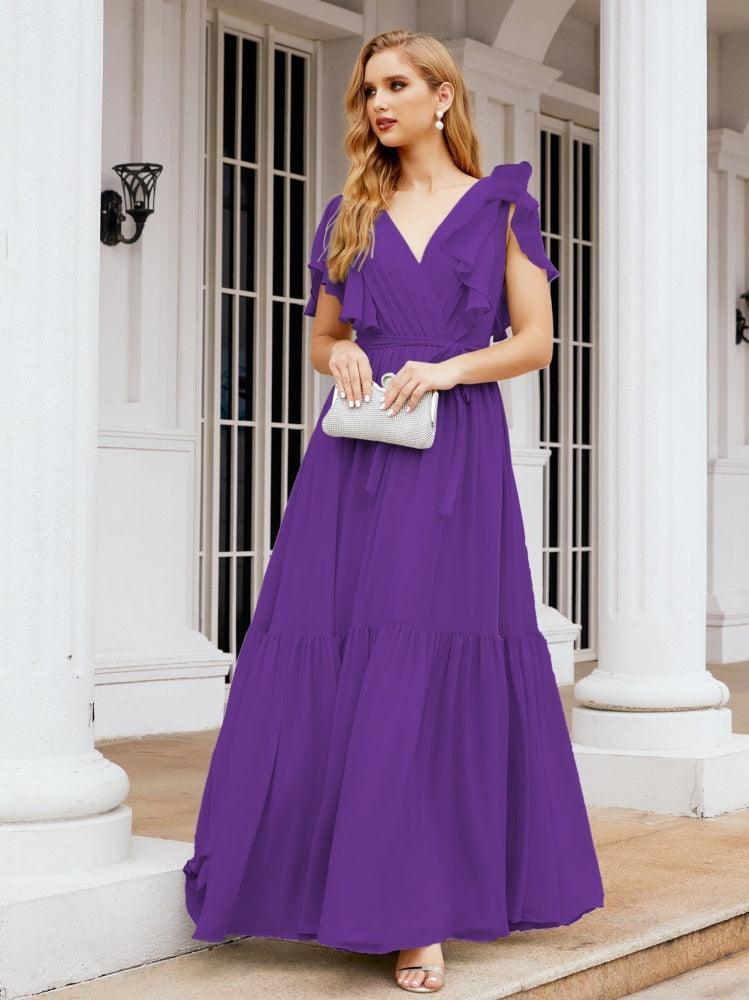 Numbersea Women's Open Back Formal Evening Party Prom Gowns V-Neck Long Chiffon Bridesmaid Dresses with Waist Belt 28038-numbersea