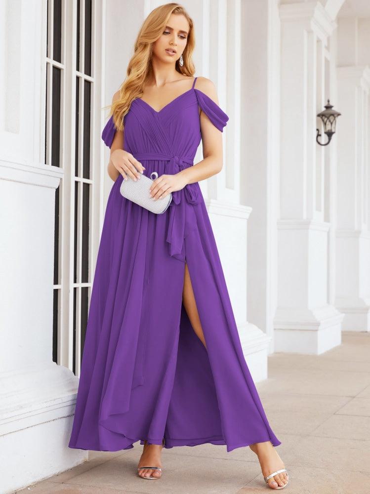 Numbersea Off The Shoulder Chiffon Bridesmaid Dress Long Formal Graduation Gown with Cowl Back 28069-numbersea
