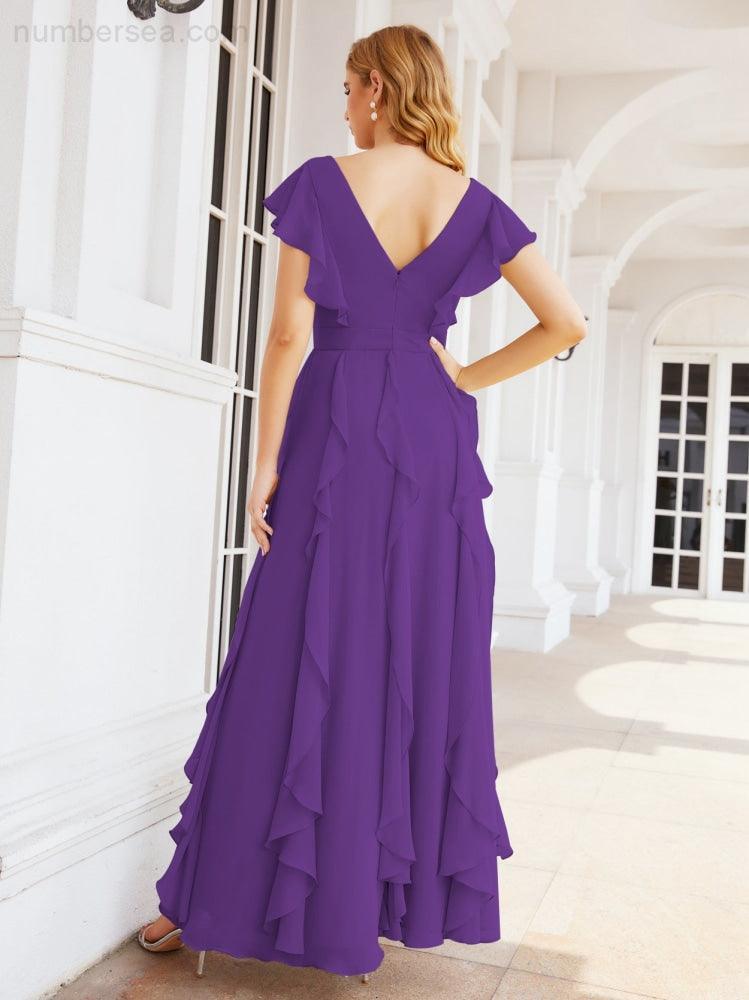 Ruffled Bridesmaid Dresses with Sleeves Long Formal Party Dress 28041-numbersea