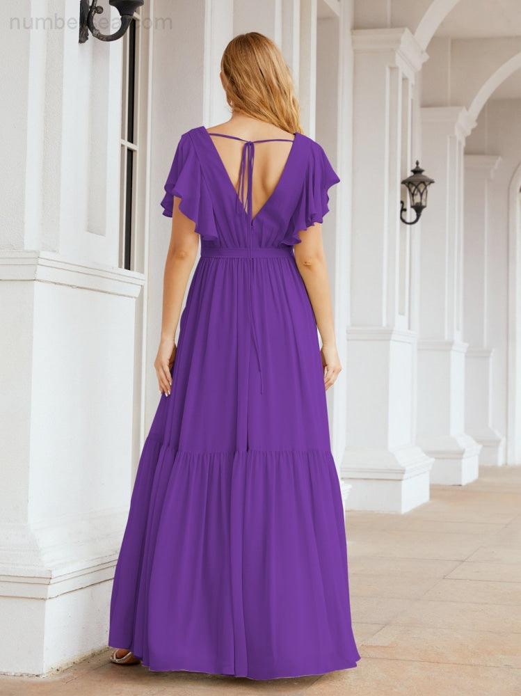Numbersea Women's Open Back Formal Evening Party Prom Gowns V-Neck Long Chiffon Bridesmaid Dresses with Waist Belt 28038-numbersea
