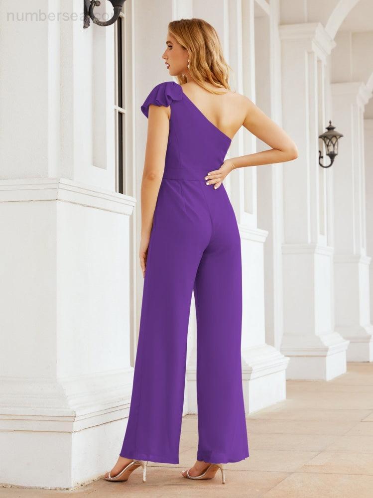 Numbersea Womens One Shoulder Chiffon Long Jumpsuit Formal Evening Dress Bridesmaid Dresses Pants