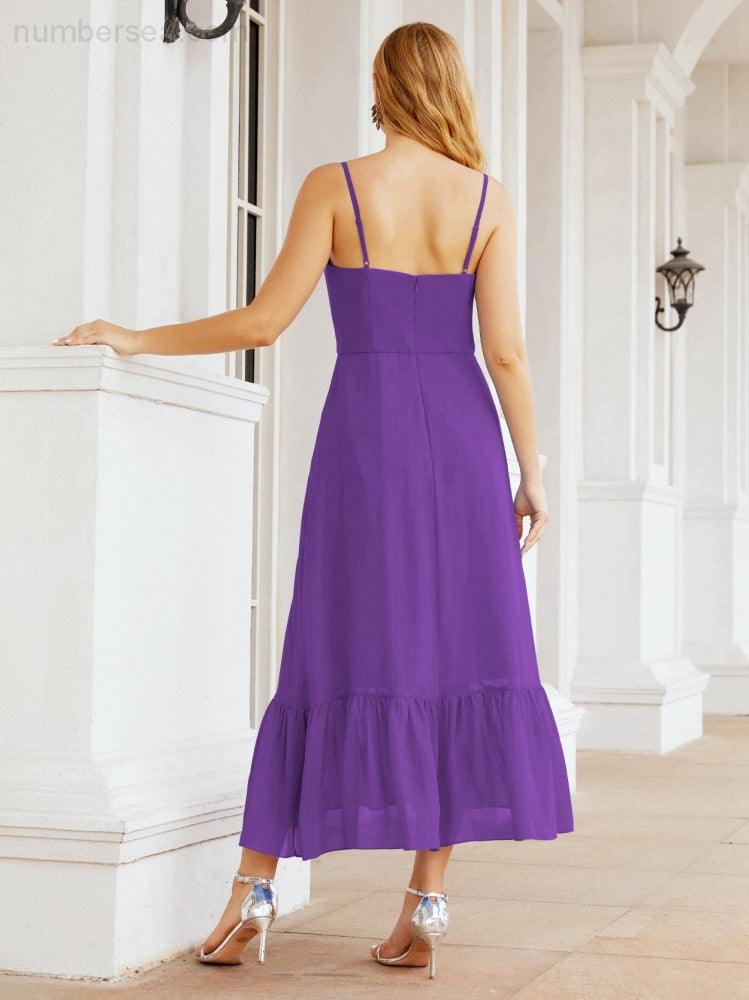 Numbersea Women Strap Chiffon Bridesmaid Dress Ankle Length Sleeveless Blackless Ruffle A Line