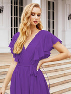 Numbersea Women's Open Back Formal Evening Party Prom Gowns V-Neck Long Chiffon Bridesmaid Dresses with Waist Belt 28038-numbersea