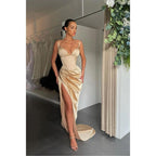 Sexy V-neck Pleats High Split Mermaid Prom Dresses