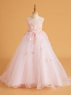 Vestido rosa con cola larga y tul de encaje (2003227825) 
