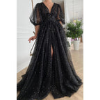 Vestido de fiesta sexy con escote en V, media manga, abertura alta, brillante y bolsillos 