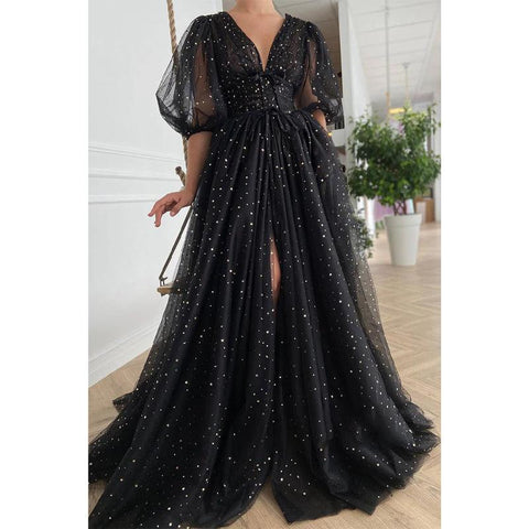 Sexy V-neck Half Sleeves High Split Sparkly Prom Dress with Pockets