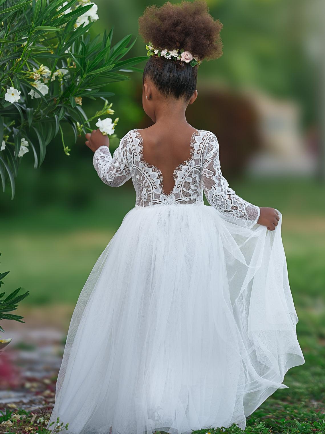 Mädchen Pfingstrose Spitze Zurück A-Linie Gerade Tutu Tüll Party Blumenmädchen Kleid 