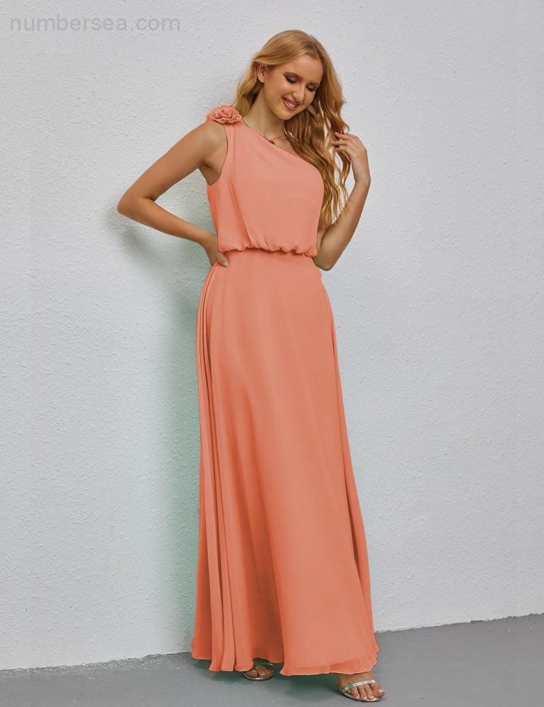Ruffled One Shoulder Sleeveless Long Bridesmaid Dresses A-line Formal Evening Gown Side Split 28080-numbersea