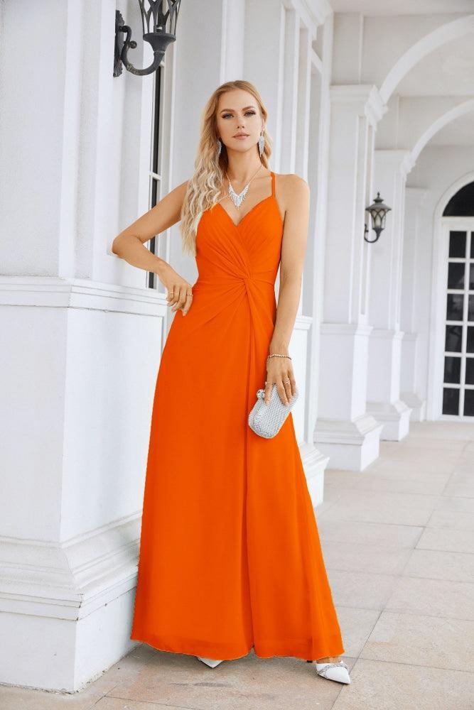 Ladies Chiffon Spaghetti Strap V Neck Front Slit Floor Length Bridesmaid Evening Dress Prom Party Wedding Evening Dress 28116-numbersea