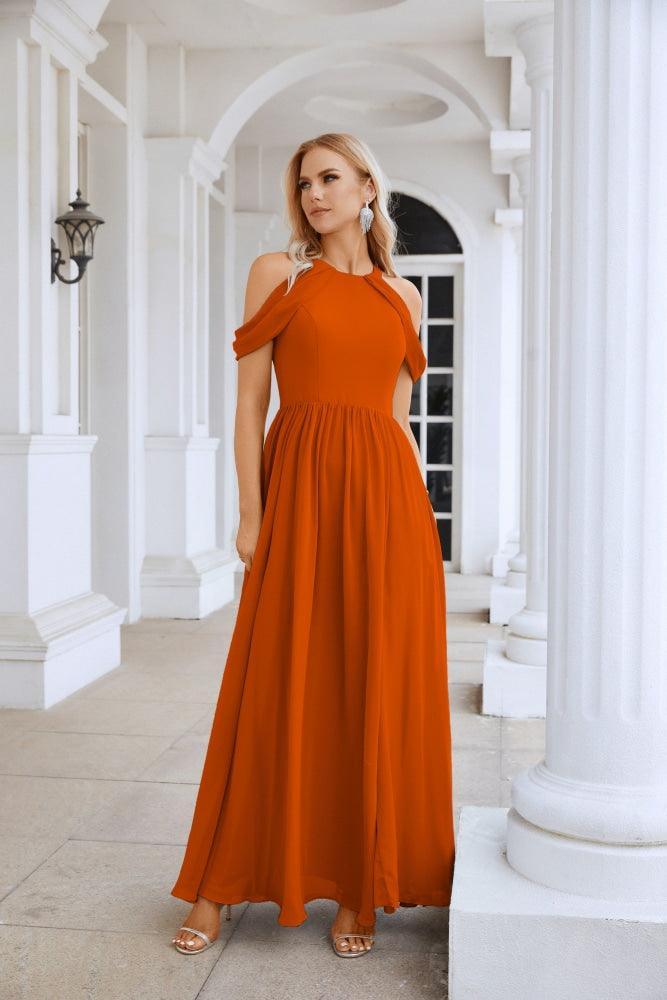 Ladies Chiffon Off Shoulder Swing Sleeve Front Slit Bridesmaid Evening Dress Wedding Party Evening Dress 28117-numbersea