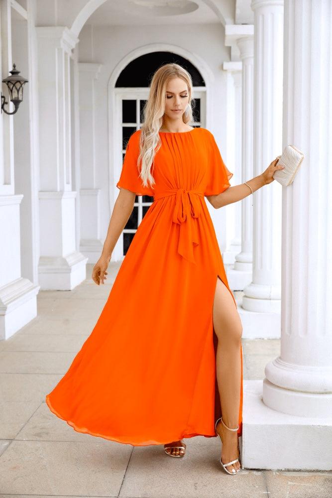 Ladies Chiffon Sleeve Crew Neck Front Slit Floor Length Bridesmaid Evening Dress Wedding Party Evening Dress 28124-numbersea