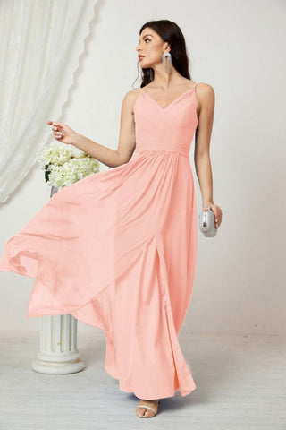 Numbersea Chiffon V-Neck Bridesmaid Dress Spaghetti Strap Long Formal Party Prom Gowns with Slit 28010-numbersea