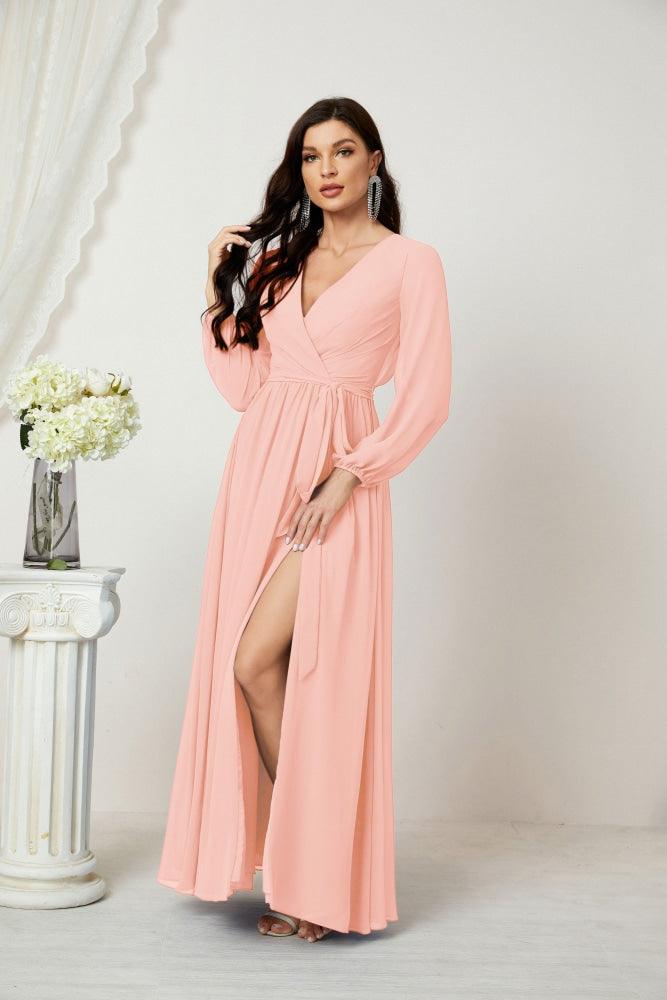 Numbersea Evening Dresses Deep V-Neck Chiffon Bridesmaid Dresses Long Bishop Sleeve Side Split Formal Dress 2806-numbersea