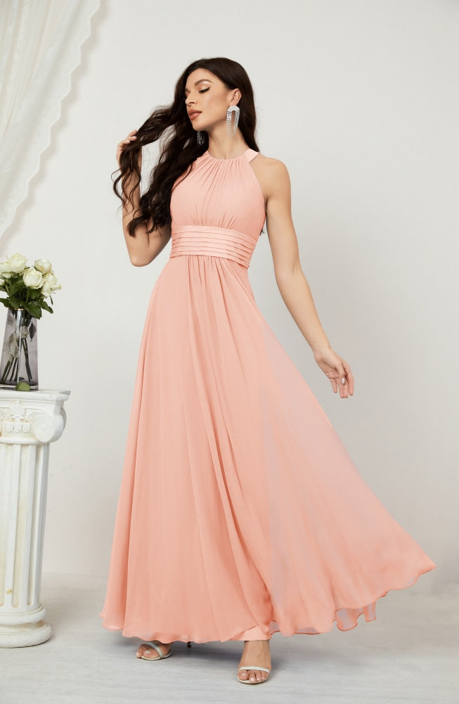 Numbersea Formal Party Gown Dress Chiffon Halter Long Sleeveless Bridesmaid Dresses 2802 Peach Pink